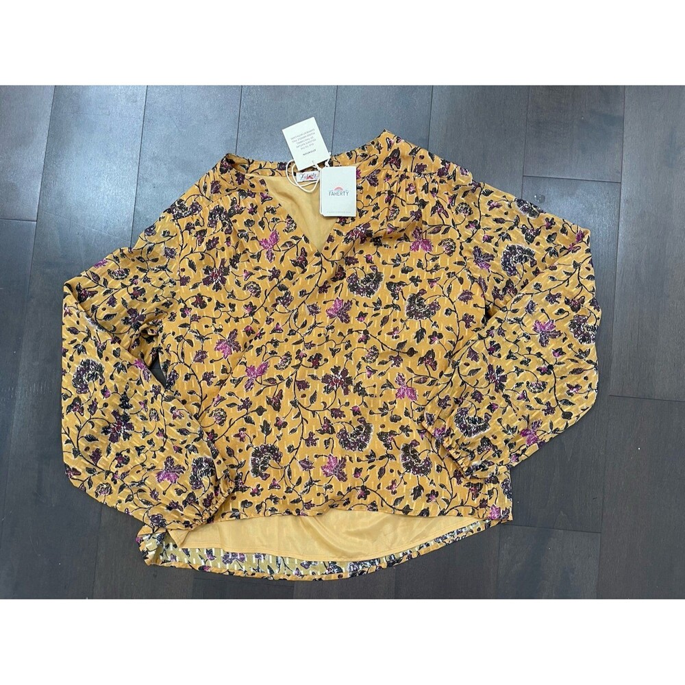 NWT Faherty Sage Silk Cotton Top Blouse Floral XS